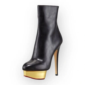 Charlotte Olympia Black  Lucinda Golden Platform Ankle Boot 36.5